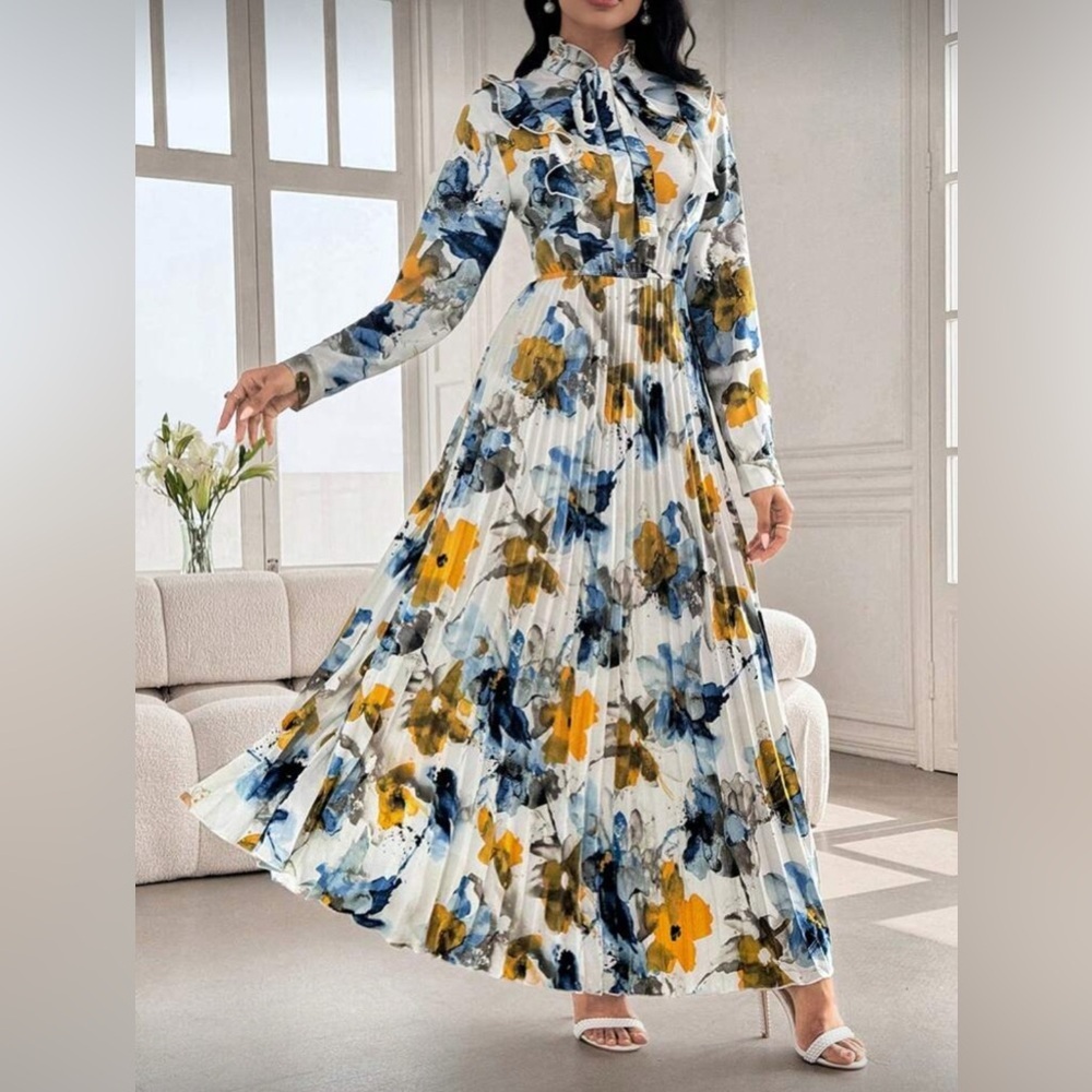 Floral Long Sleeve Maxi Dress • Necktie Bow • Pleated Skirt • Size M (8–10)